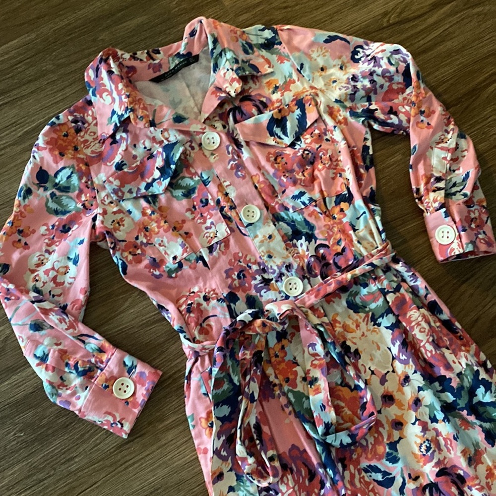Zara Blogger favorite pink floral tie waist midi dress size S retro shirt dress - Picture 3 of 9